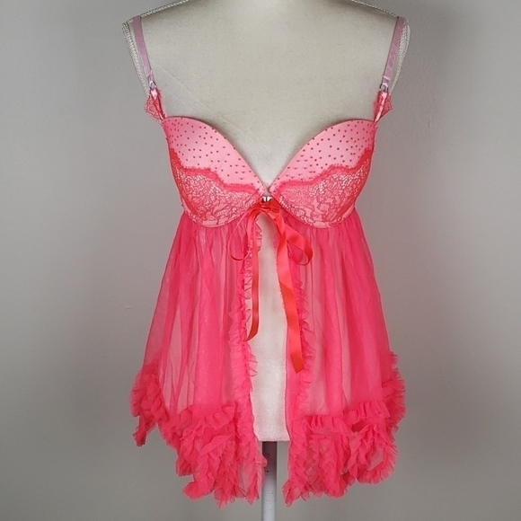 VICTORIAS Secret 34D Hot Pink Baby Doll Negligee - Picture 1 of 11